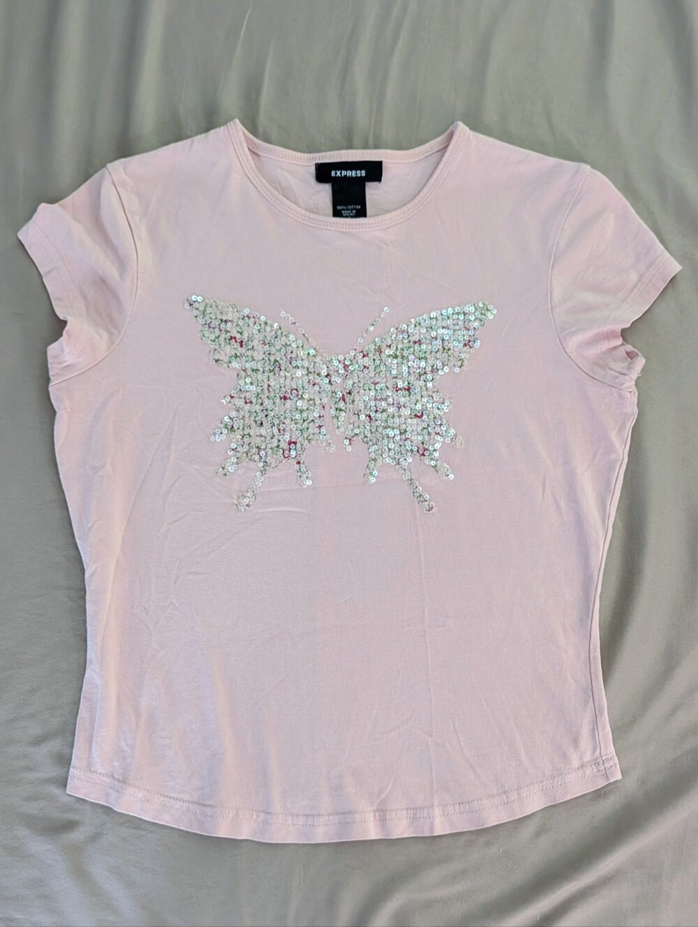 Express Light Pink Sequin Butterfly Short Sleeve Tee